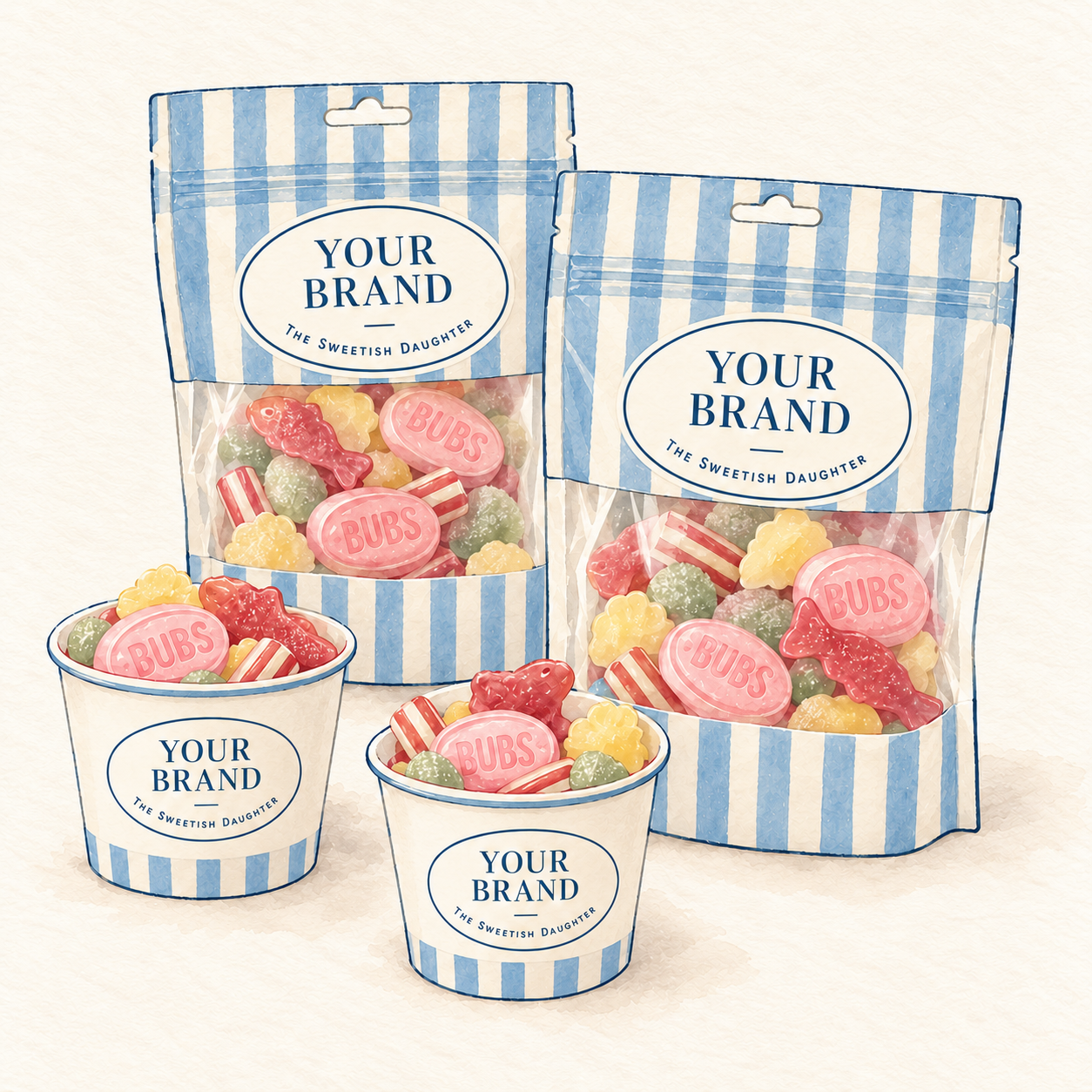 Watercolor custom candy pouches and cups with blue and ivory stripes and Your Brand oval labels