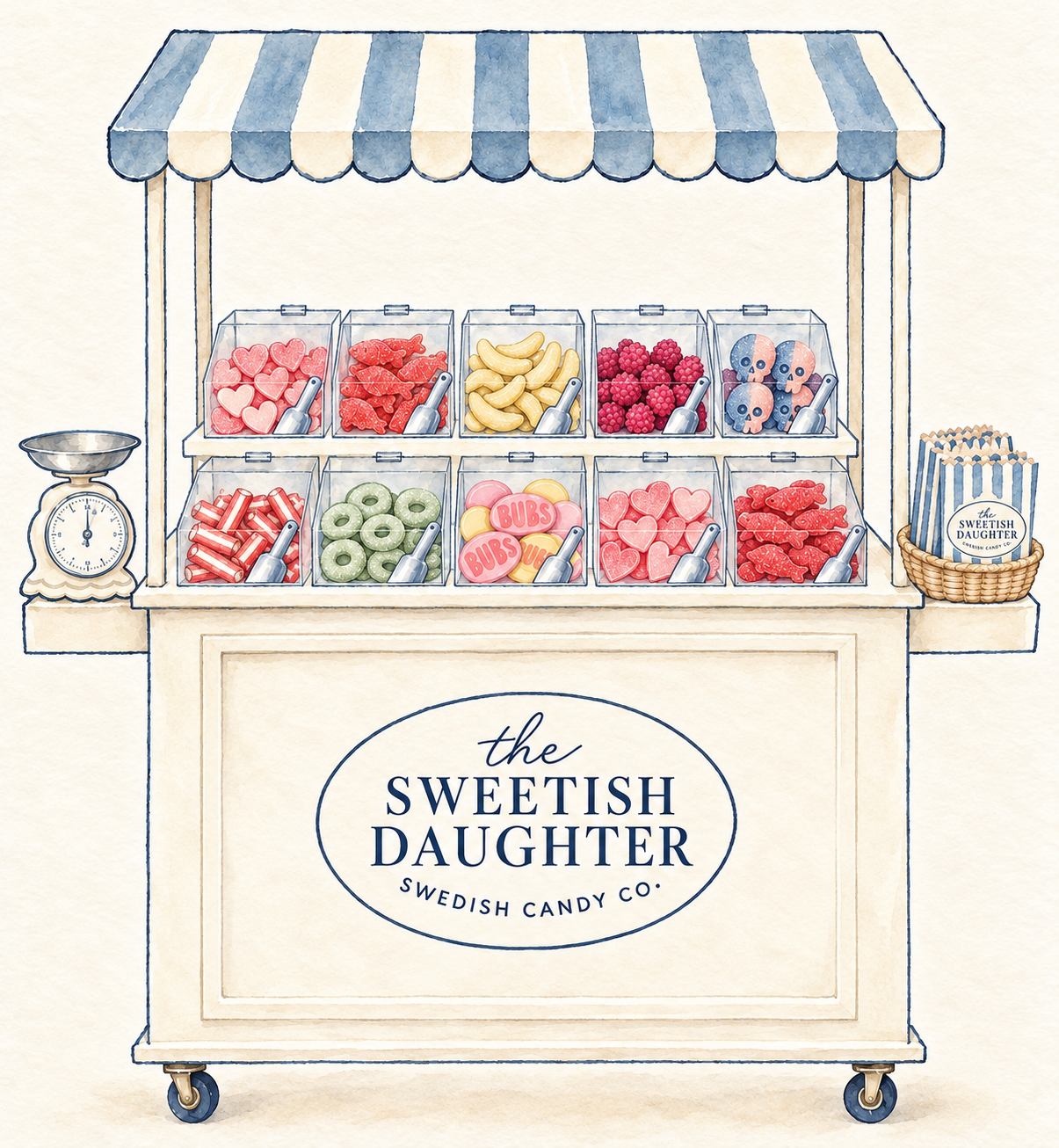 Refined watercolor Sweetish Daughter candy cart with an ivory front, navy oval logo, dusty blue striped canopy, acrylic candy bins, vintage scale and matching branded bags in a rattan basket